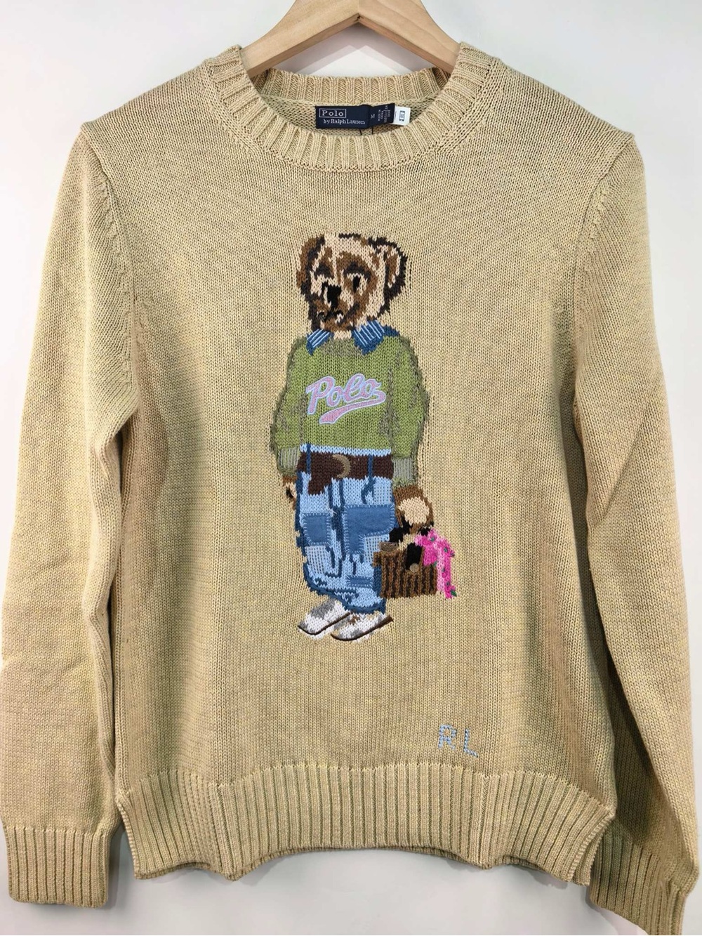 Polo by Ralph Lauren Beige Sweater with Bear Motif in Green, Blue and Pink